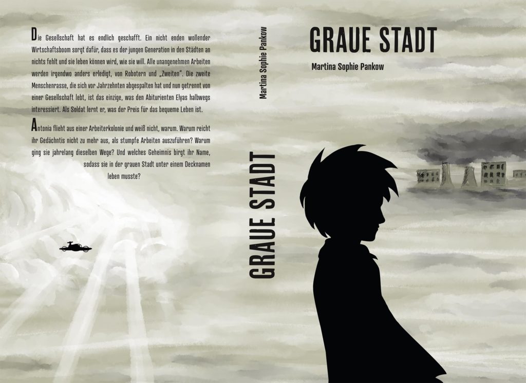 Layout und Design für das gesamte Cover (Front, Back und Rücken) des Buches Graue Stadt.